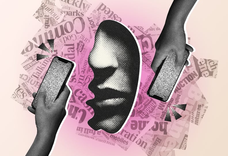 Collage of newspaper headlines overlaid with hands holding phones